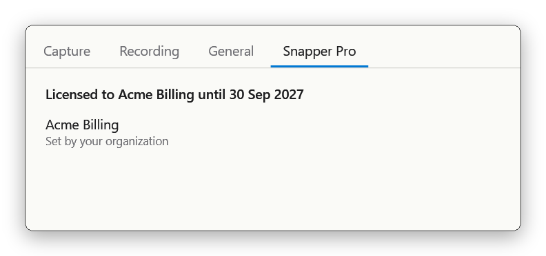 The Snapper Pro tab in Settings: Licensed to Acme Billing until 30 Sep 2027, and Acme Billing, Set by your organization
