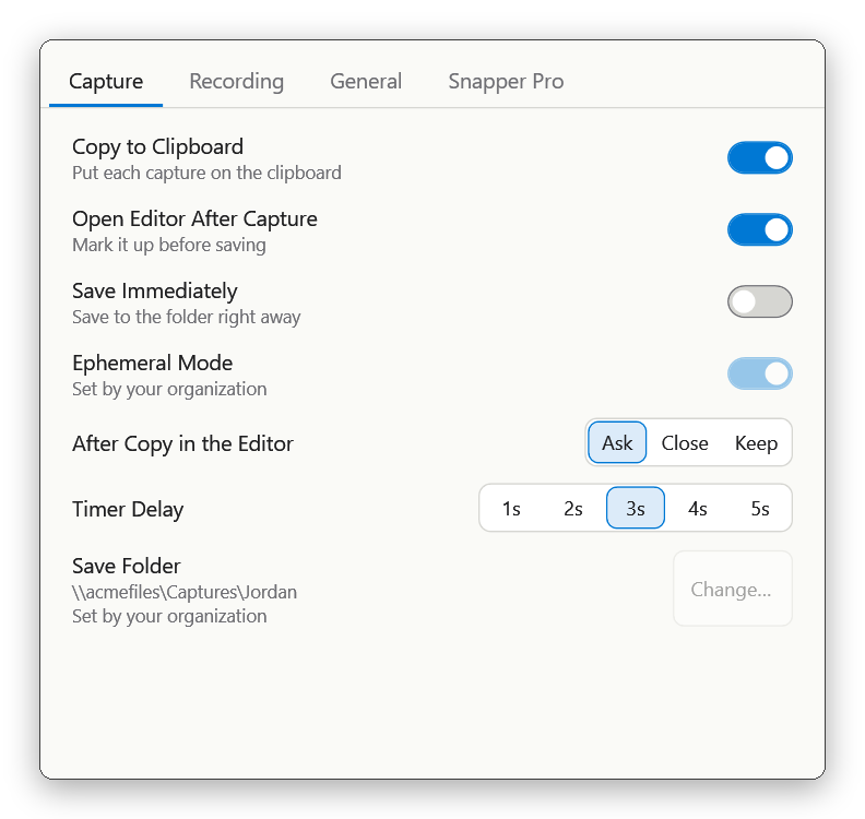 Snapper's Settings window: Ephemeral Mode and the save folder are locked, each with Set by your organization under it