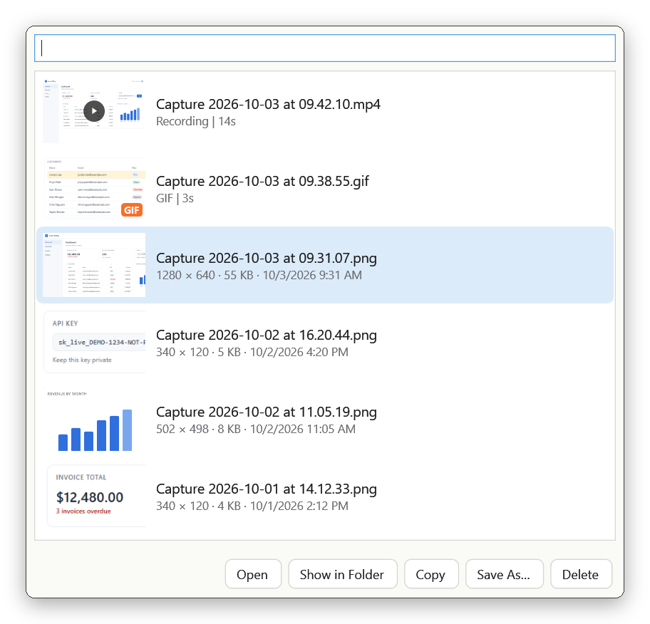 The History window listing screenshots, a video and a GIF, with Open, Show in Folder, Copy, Save As… and Delete