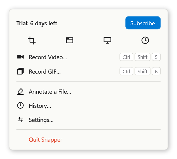 Snapper's menu behind More: the capture icons, Record Video…, Record GIF…, Annotate a File…, History…, Settings… and Quit Snapper