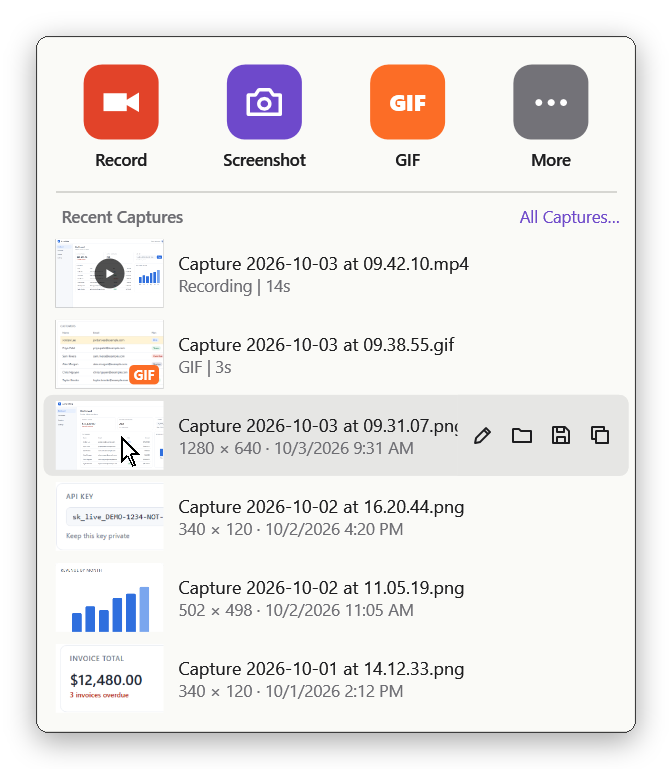 The capture panel: Record, Screenshot, GIF and More. Pointing at a recent capture shows icons to annotate it, show it in its folder, save a copy or copy it