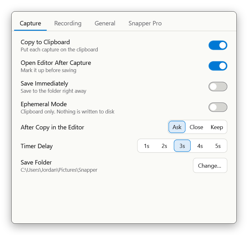 The Capture tab in Snapper's settings, with the Ephemeral Mode switch and the Save Folder