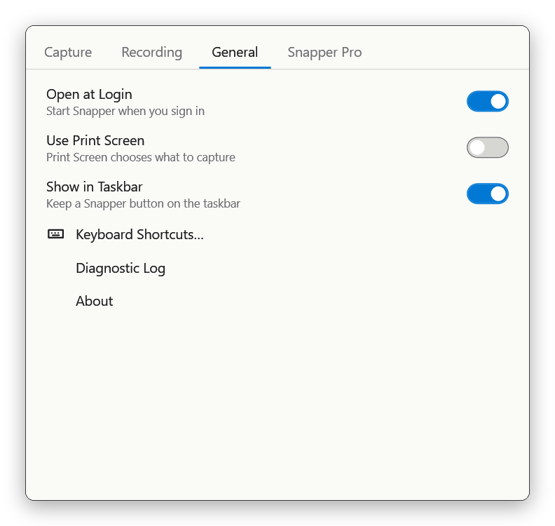 The General tab in Snapper's settings: Open at Login, Use Print Screen, Show in Taskbar and Keyboard Shortcuts…