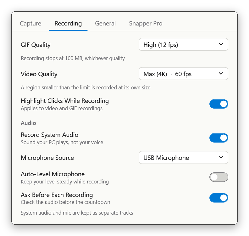 The Recording tab in Snapper's settings: GIF Quality, Video Quality, Highlight Clicks While Recording and Audio