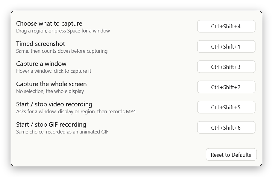 Snapper's keyboard shortcuts window